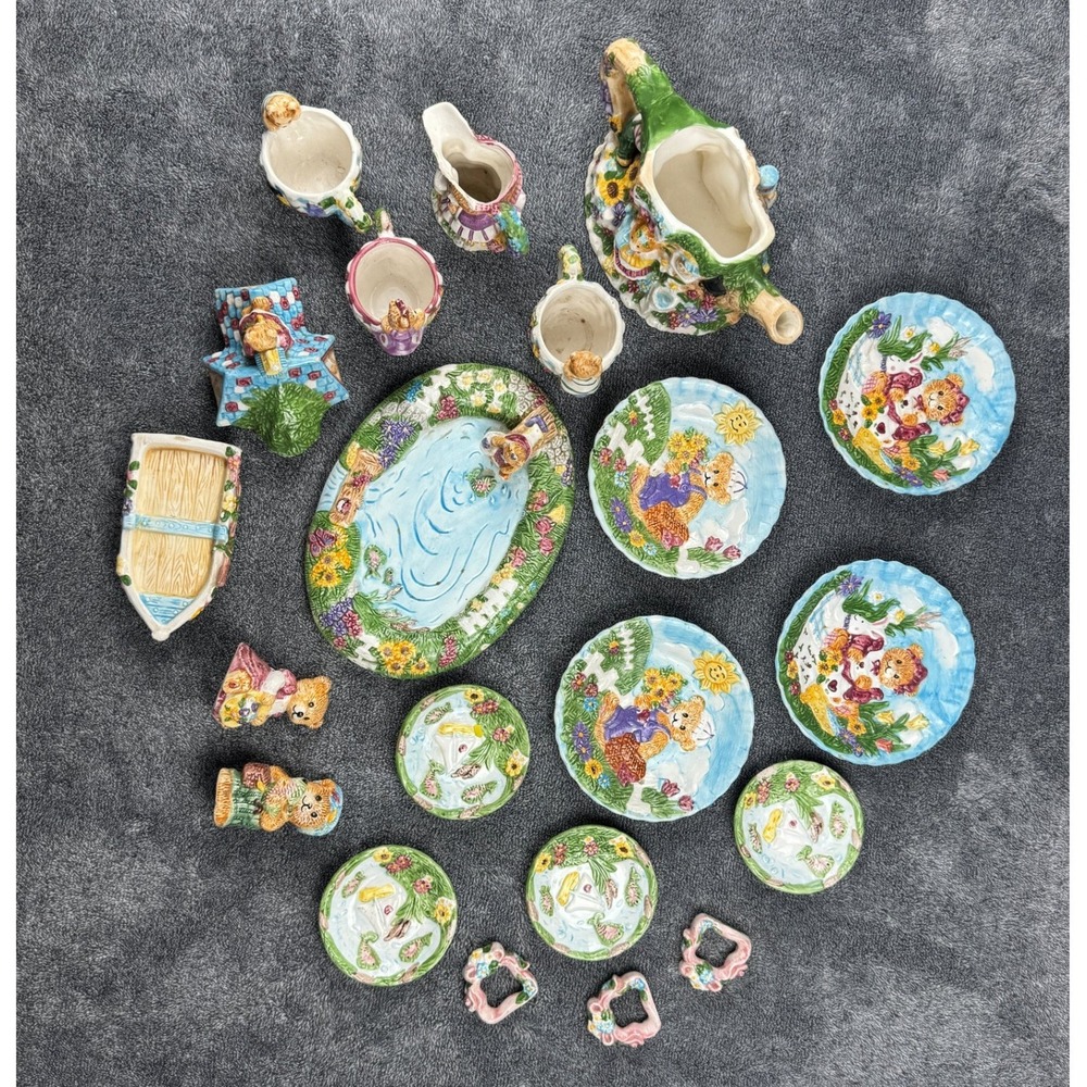 Vintage 1996 Teddy Bear Picnic Miniature Ceramic Tea Set 19pc Cottagecore Decor